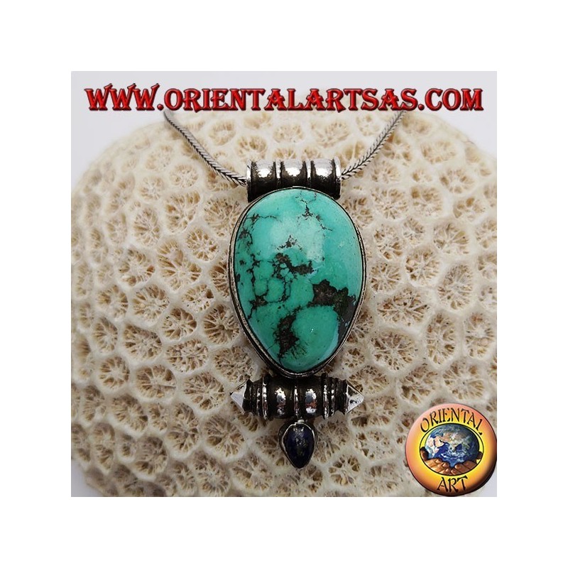 Silver "Gao Kalachakra" box pendant with antique Tibetan teardrop turquoise