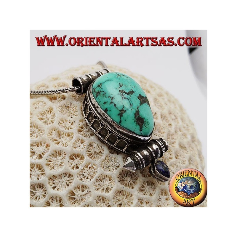 Silver "Gao Kalachakra" box pendant with antique Tibetan teardrop turquoise