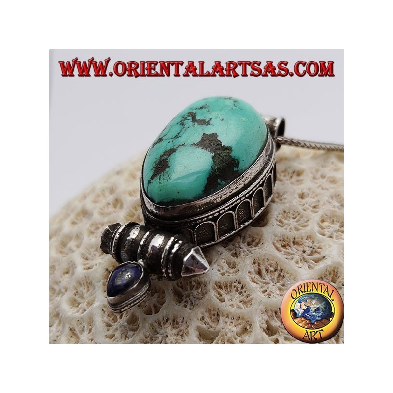 Silver "Gao Kalachakra" box pendant with antique Tibetan teardrop turquoise