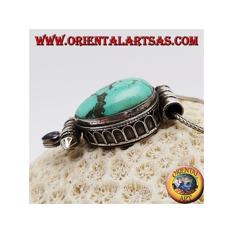 Silver "Gao Kalachakra" box pendant with antique Tibetan teardrop turquoise