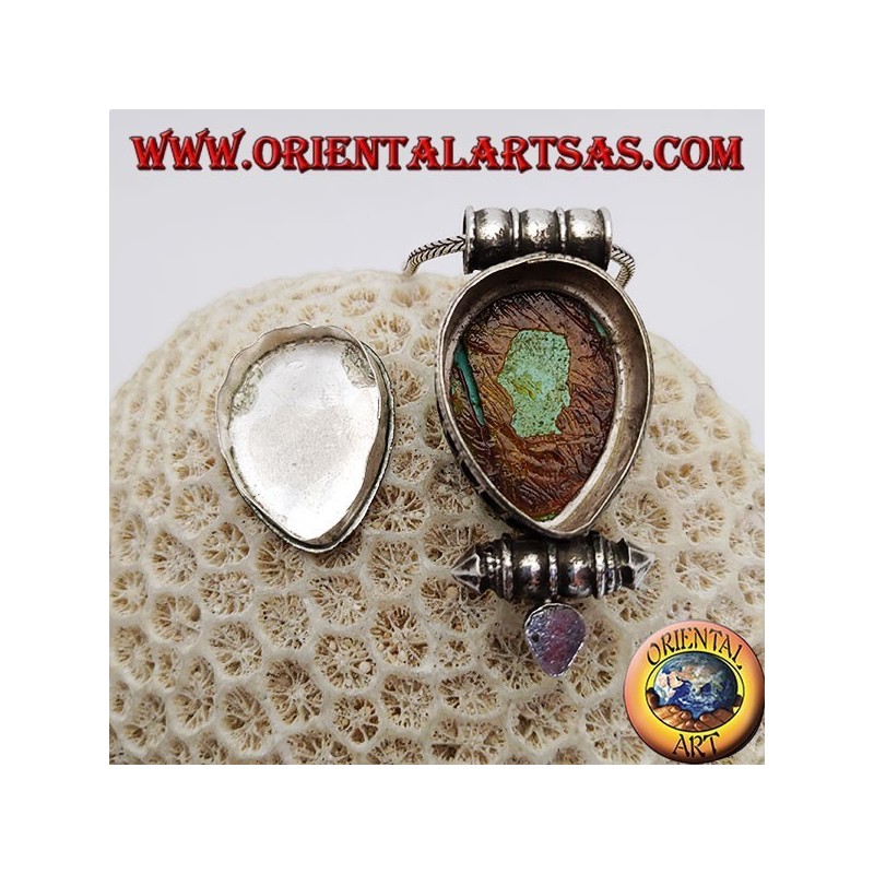 Silver "Gao Kalachakra" box pendant with antique Tibetan teardrop turquoise