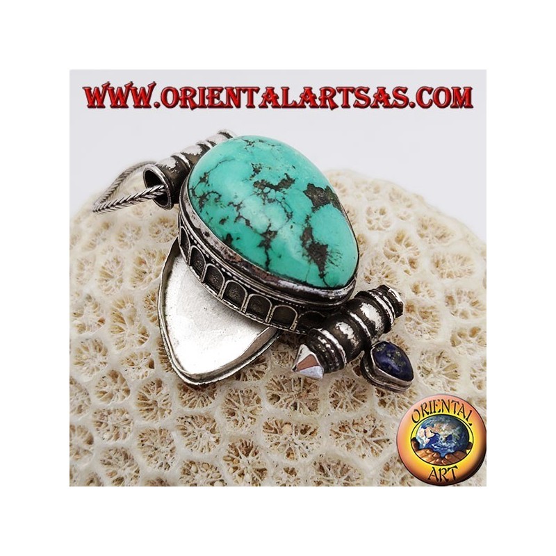 Silver "Gao Kalachakra" box pendant with antique Tibetan teardrop turquoise