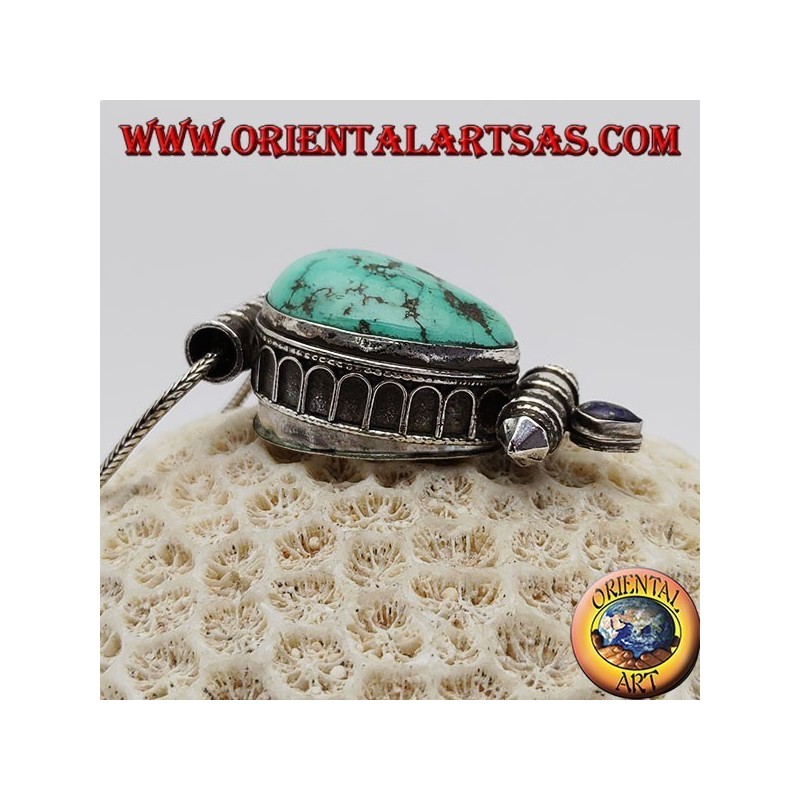 Silver "Gao Kalachakra" box pendant with antique Tibetan teardrop turquoise