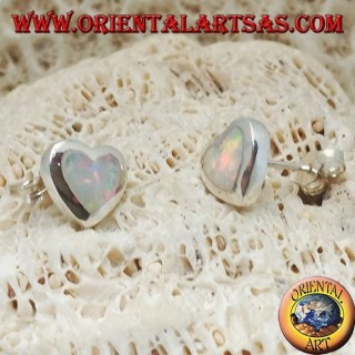 Silver lobe earrings with white heart-shaped opal and smooth frame