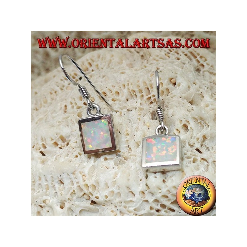 Silver earrings with square white opal and smooth frame