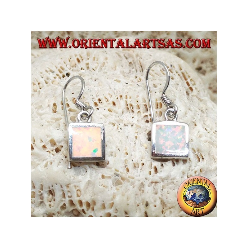 Silver earrings with square white opal and smooth frame