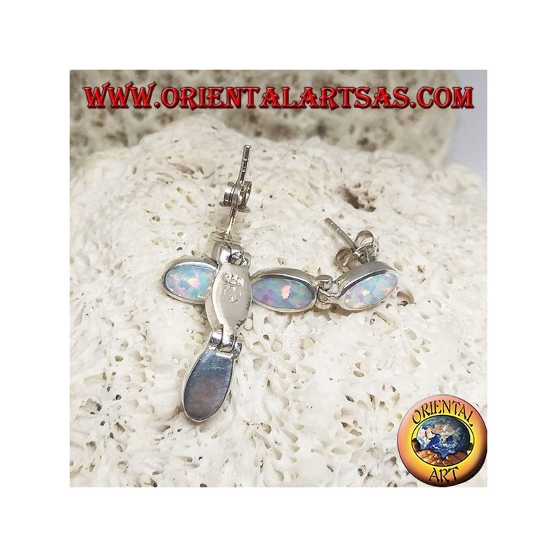 Silver lobe earrings with a row of three hanging oval white opals