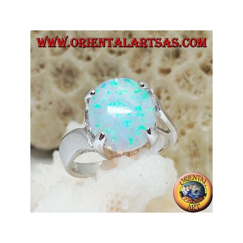 Silver ring with oval white opal set and curved frame on the sides