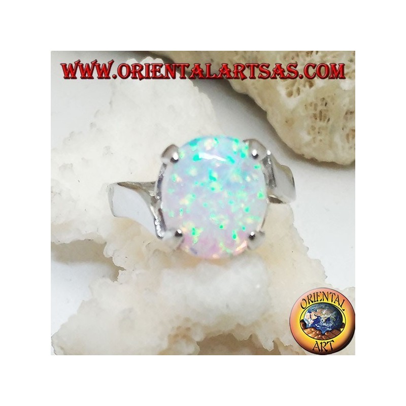 Silver ring with oval white opal set and curved frame on the sides