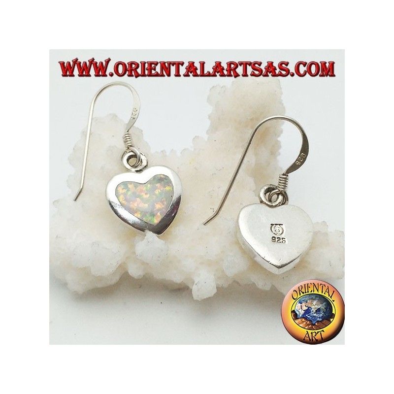 Silver pendant earrings with heart-shaped white opal and smooth frame