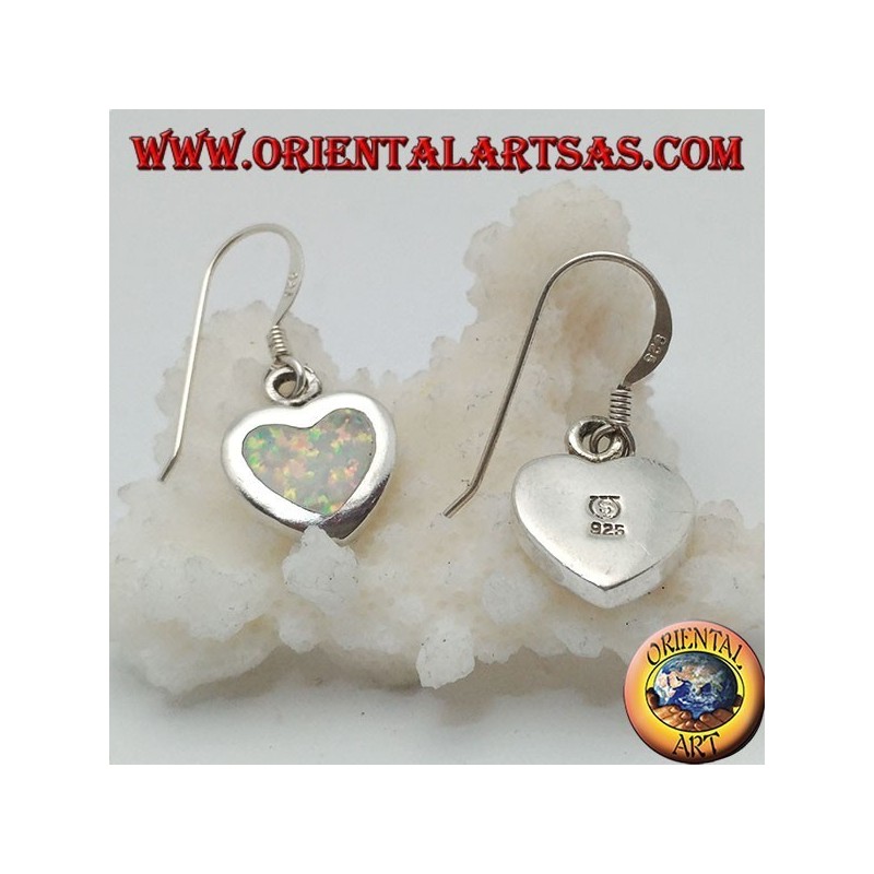 Silver pendant earrings with heart-shaped white opal and smooth frame