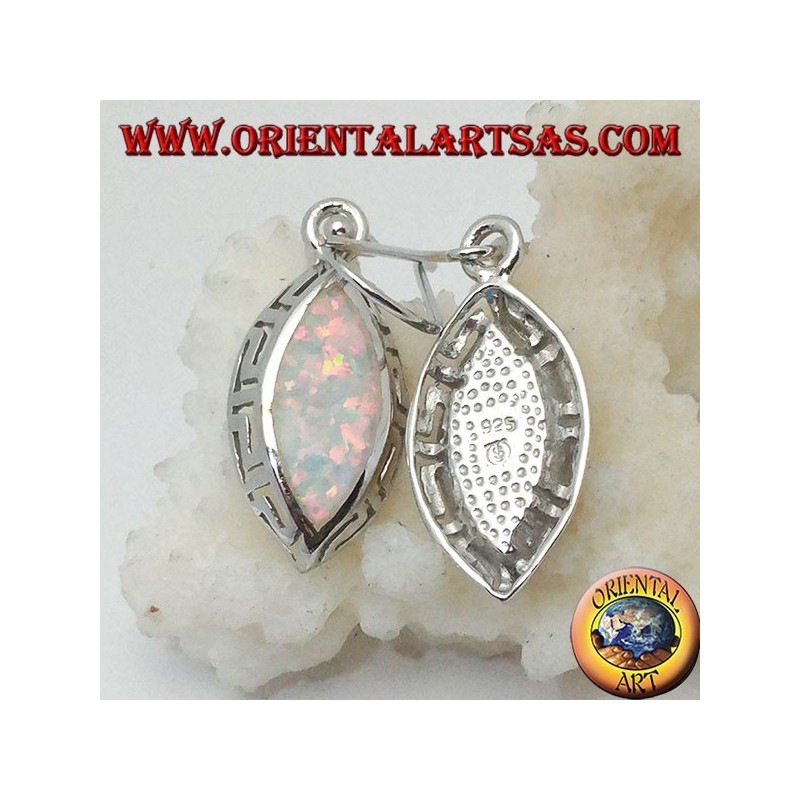Silver earrings with white shuttle opal and openwork on the sides