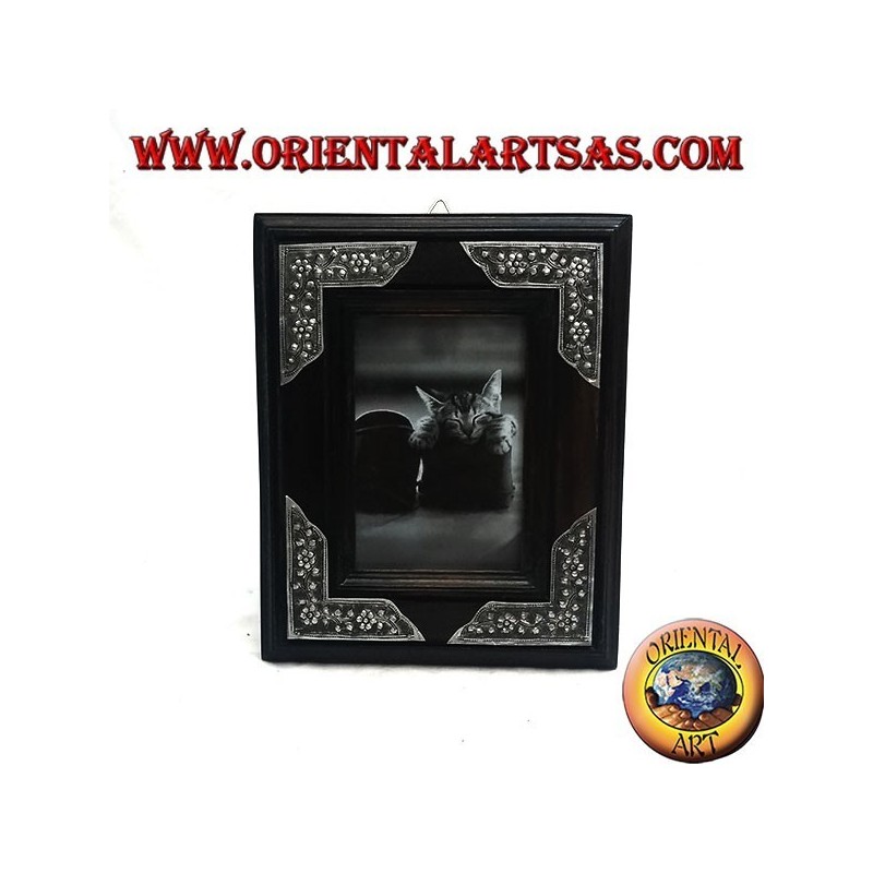 Cadre photo en manguier avec quatre inserts floraux 20x16 cm en argent