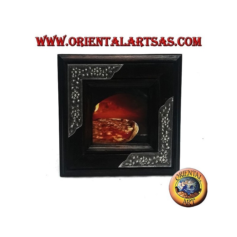 Quadratischer Fotorahmen aus Mangoholz mit zwei silbernen Blumeneinsätzen (16 x 16 cm)