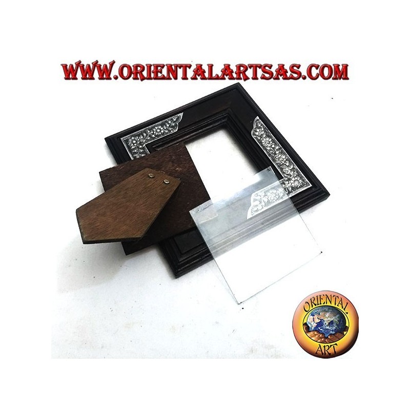 Cadre en manguier carré avec deux inserts argentone décoration florale de 16x16 cm