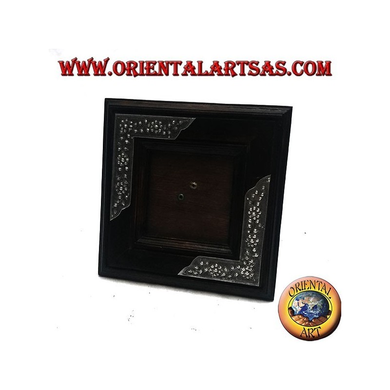 Quadratischer Fotorahmen aus Mangoholz mit zwei silbernen Blumeneinsätzen (16 x 16 cm)