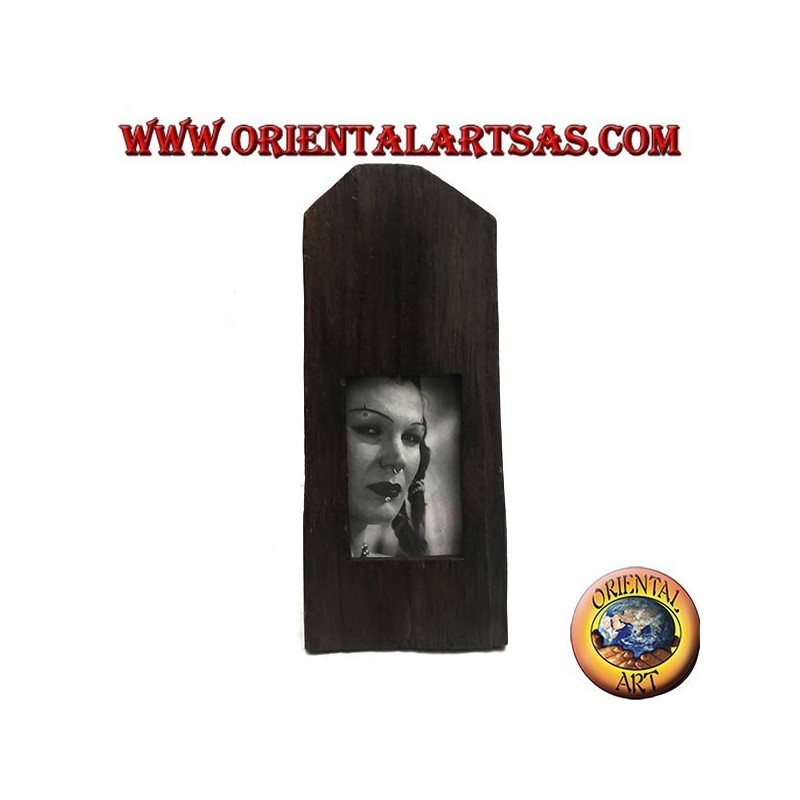 Photo frame with square slat of trunk in antique teak wood 35x15 cm