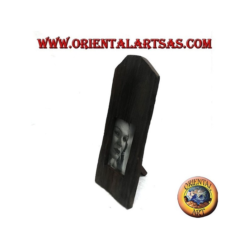 Photo frame with square slat of trunk in antique teak wood 35x15 cm
