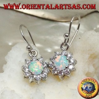 Silver pendant earrings with round harlequin opal surrounded by cubic zirconia (small)