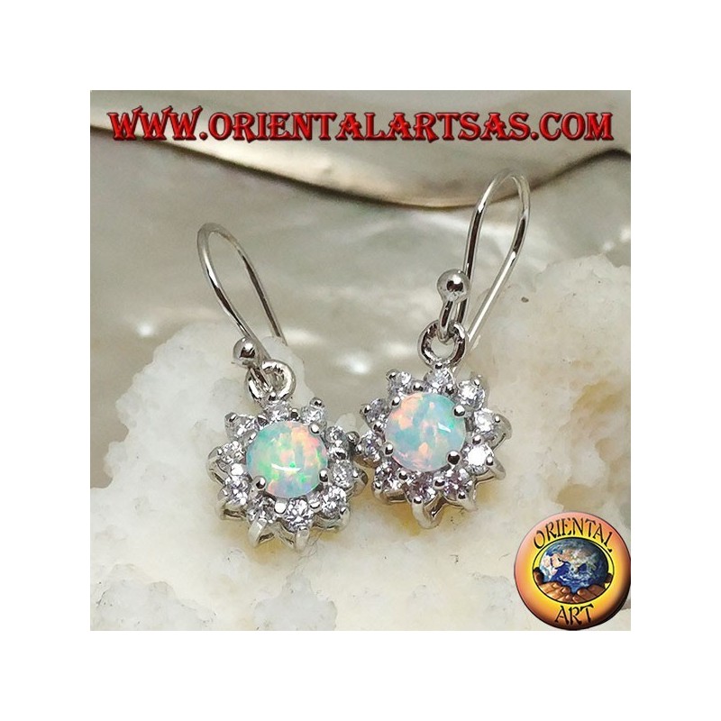 Silver pendant earrings with round harlequin opal surrounded by cubic zirconia (small)