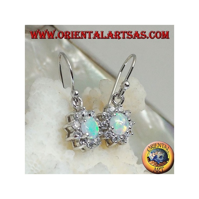 Silver pendant earrings with round harlequin opal surrounded by cubic zirconia (small)