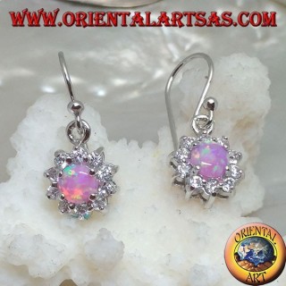 Boucles d'oreilles pendantes en argent avec opale rose ronde serties de zircon cubique (petit)