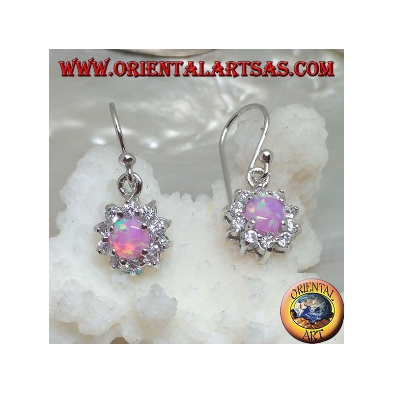 Boucles d'oreilles pendantes en argent avec opale rose ronde serties de zircon cubique (petit)