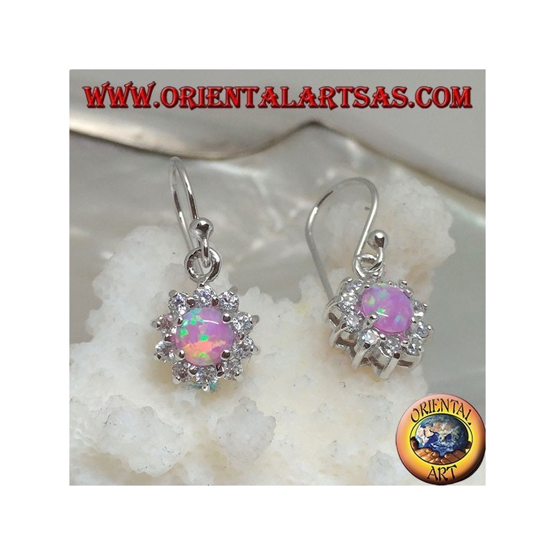 Silberohrringe Anhänger mit rundem rosa Opal, umgeben von Zirkonen (klein)