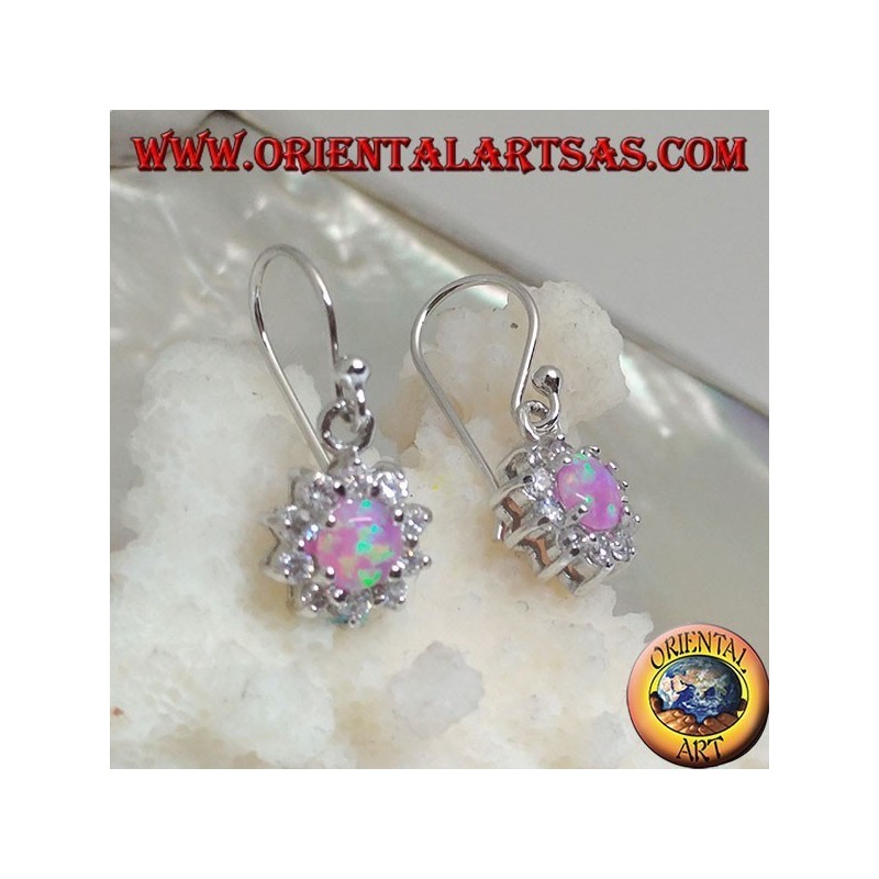 Silberohrringe Anhänger mit rundem rosa Opal, umgeben von Zirkonen (klein)