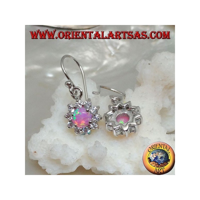 Boucles d'oreilles pendantes en argent avec opale rose ronde serties de zircon cubique (petit)
