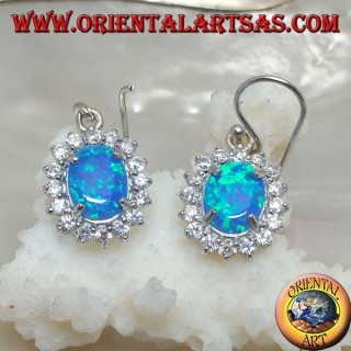 Silver earrings with oval blue fire opal set surrounded by cubic zirconia (large)
