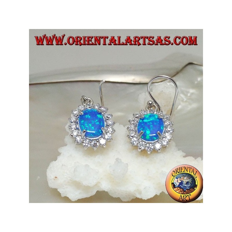 Silver earrings with oval blue fire opal set surrounded by cubic zirconia (large)