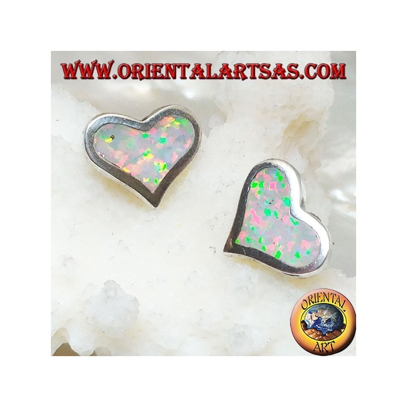 Silver lobe earrings with white opal in the shape of a wide heart and smooth frame