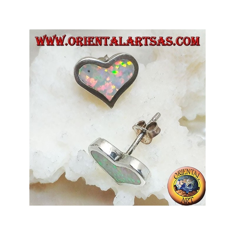 Silver lobe earrings with white opal in the shape of a wide heart and smooth frame