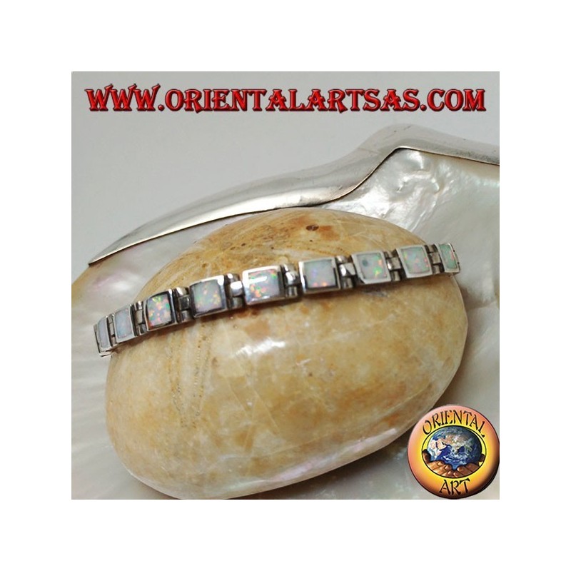 Silver watch bracelet with eighteen square harlequin opals