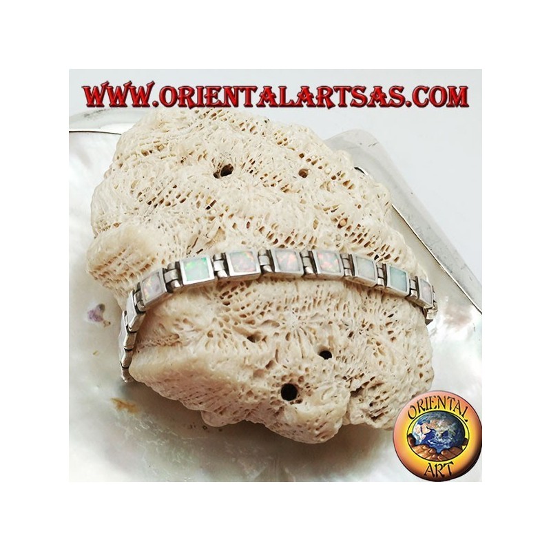 Silver watch bracelet with eighteen square harlequin opals