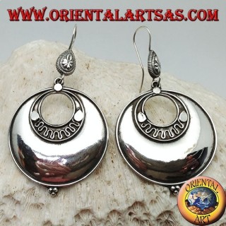Large round disc silver earrings with concentric discs and three balls below