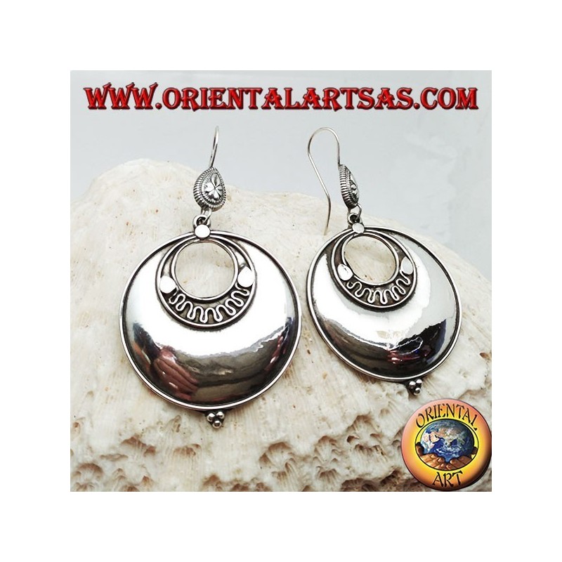 Large round disc silver earrings with concentric discs and three balls below