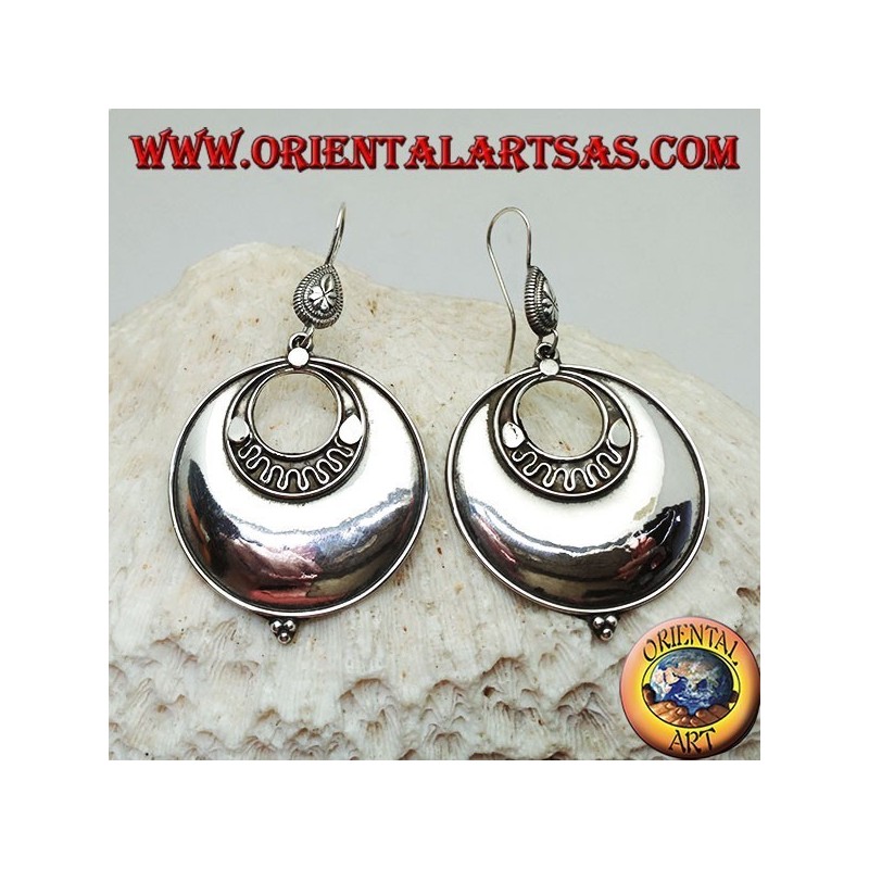 Large round disc silver earrings with concentric discs and three balls below