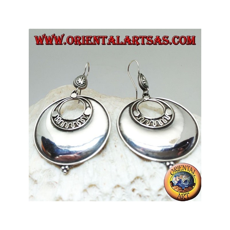 Large round disc silver earrings with concentric discs and three balls below