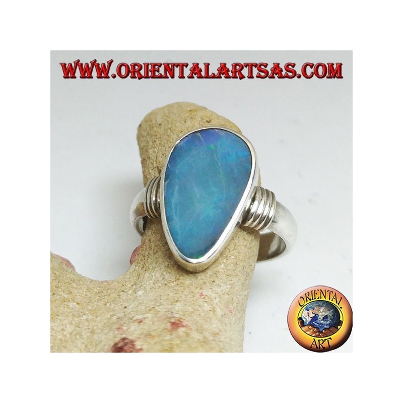 Silver ring with natural blue opal asymmetrical drop and stripes on the sides