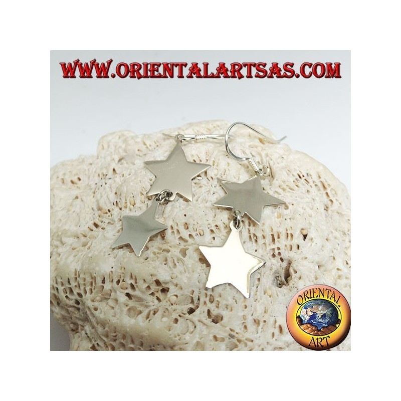 Silver earrings with double smooth star and flat pendant