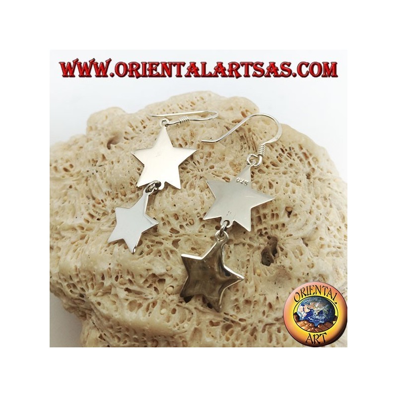 Silver earrings with double smooth star and flat pendant
