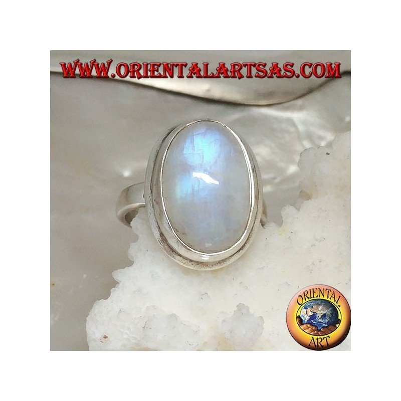 Silver ring with rainbow moonstone oval cabochon on simple frame with border