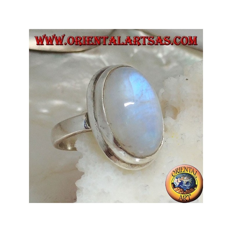 Silver ring with rainbow moonstone oval cabochon on simple frame with border