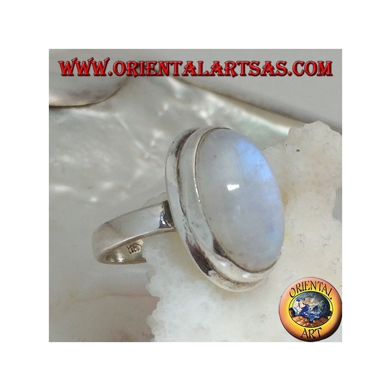 Bague en argent avec cabochon ovale en pierre de lune arc-en-ciel sur cadre simple avec bordure