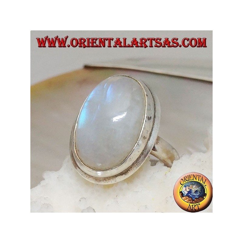 Bague en argent avec cabochon ovale en pierre de lune arc-en-ciel sur cadre simple avec bordure