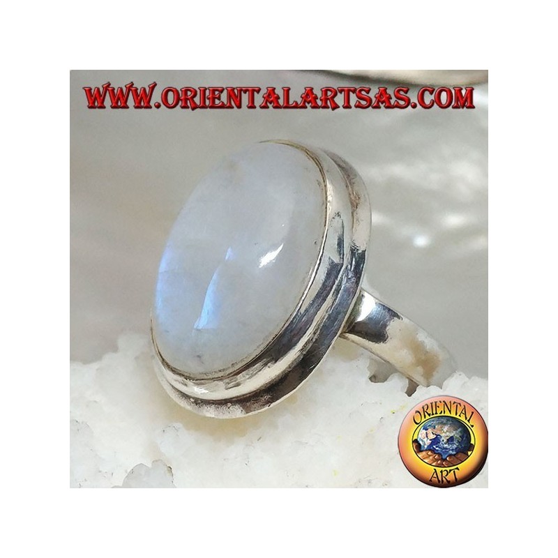 Silver ring with rainbow moonstone oval cabochon on simple frame with border