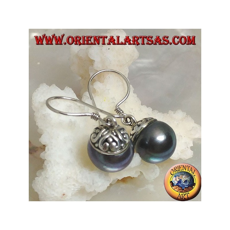 Silver earrings with gray freshwater pearl and ethnic decoration