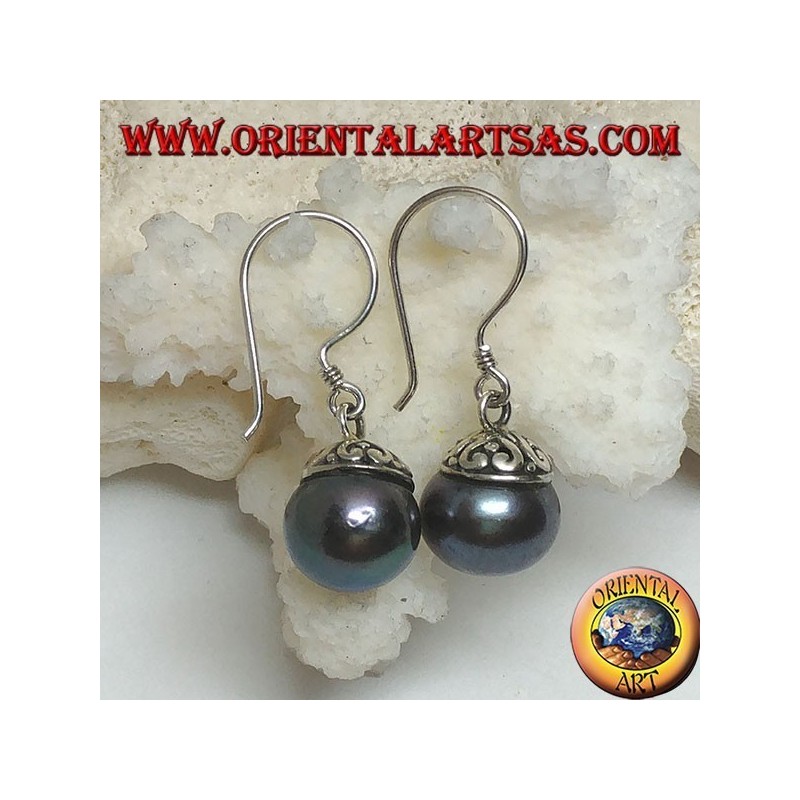 Silver earrings with gray freshwater pearl and ethnic decoration